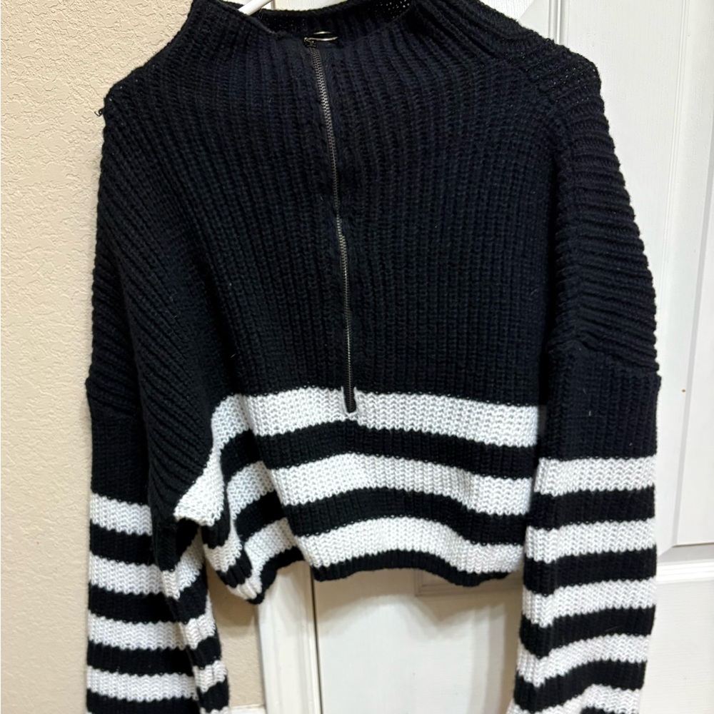 SHEIN Black and White Cowl Neck Sweater with Stripes